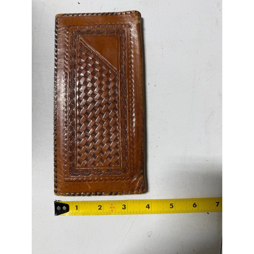 Vintage Hand Tooled Leather Mexico Wallet Aztec Calendar Basketweave Bifold Tan